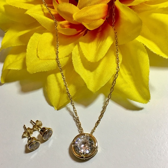 14k Gold CZ Bezel Necklace & Earrings Set - Picture 2 of 6
